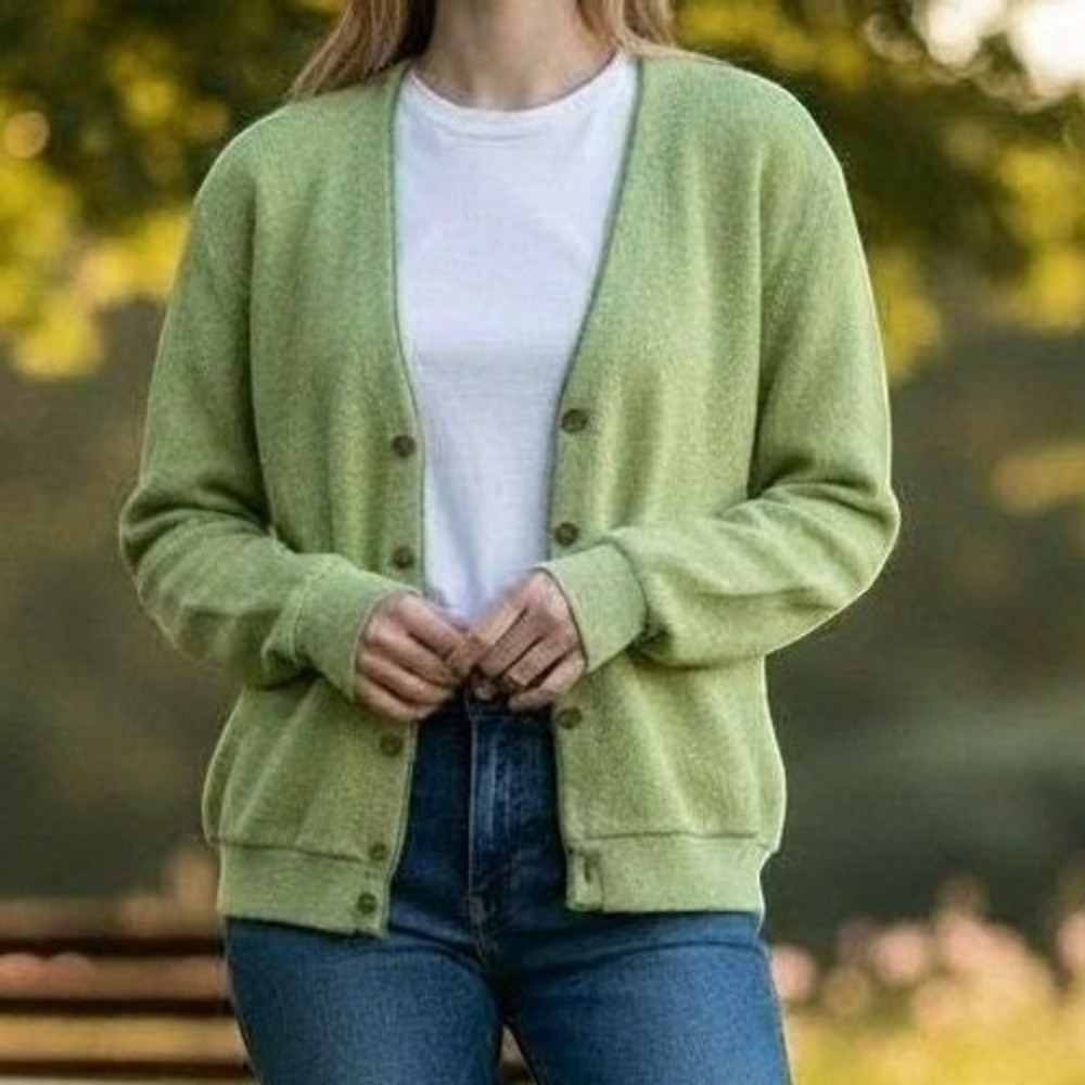 Vintage Robert Bruce Pro/Am Mohair blend Cardigan Sweater Green Made USA 60s 70s